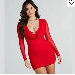 NWT Steps NY Long Sleeve VIP Mesh Red Rhinestone mini Dress Size: Small